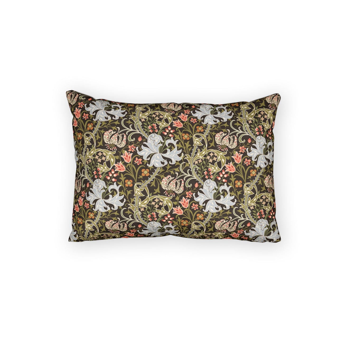 A rectangular decorative throw pillow featuring a dense, vintage-style floral and botanical pattern in olive green, cream, pink, and gold, set against a plain white background.