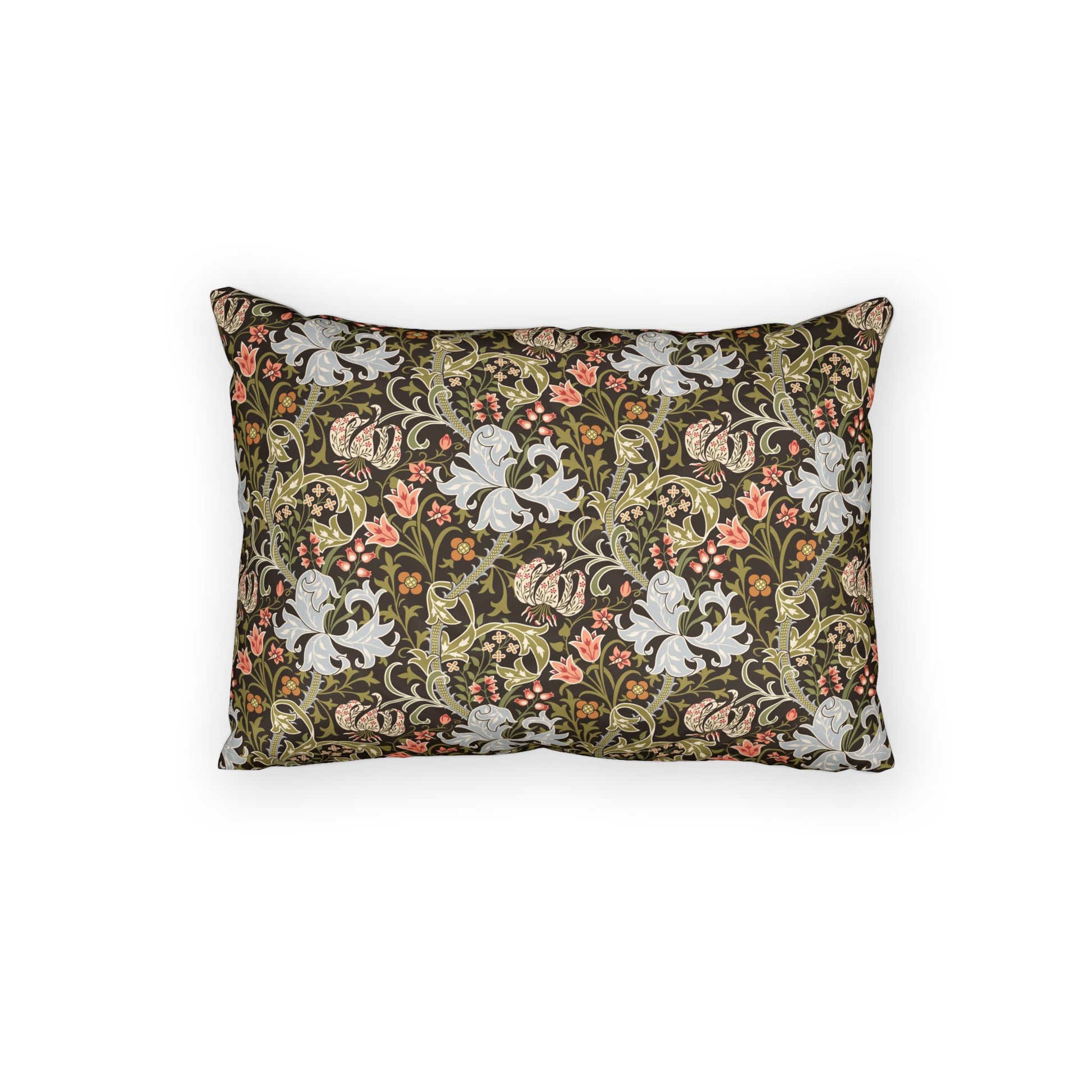 A rectangular decorative throw pillow featuring a dense, vintage-style floral and botanical pattern in olive green, cream, pink, and gold, set against a plain white background.
