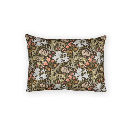 A rectangular decorative throw pillow featuring a dense, vintage-style floral and botanical pattern in olive green, cream, pink, and gold, set against a plain white background.