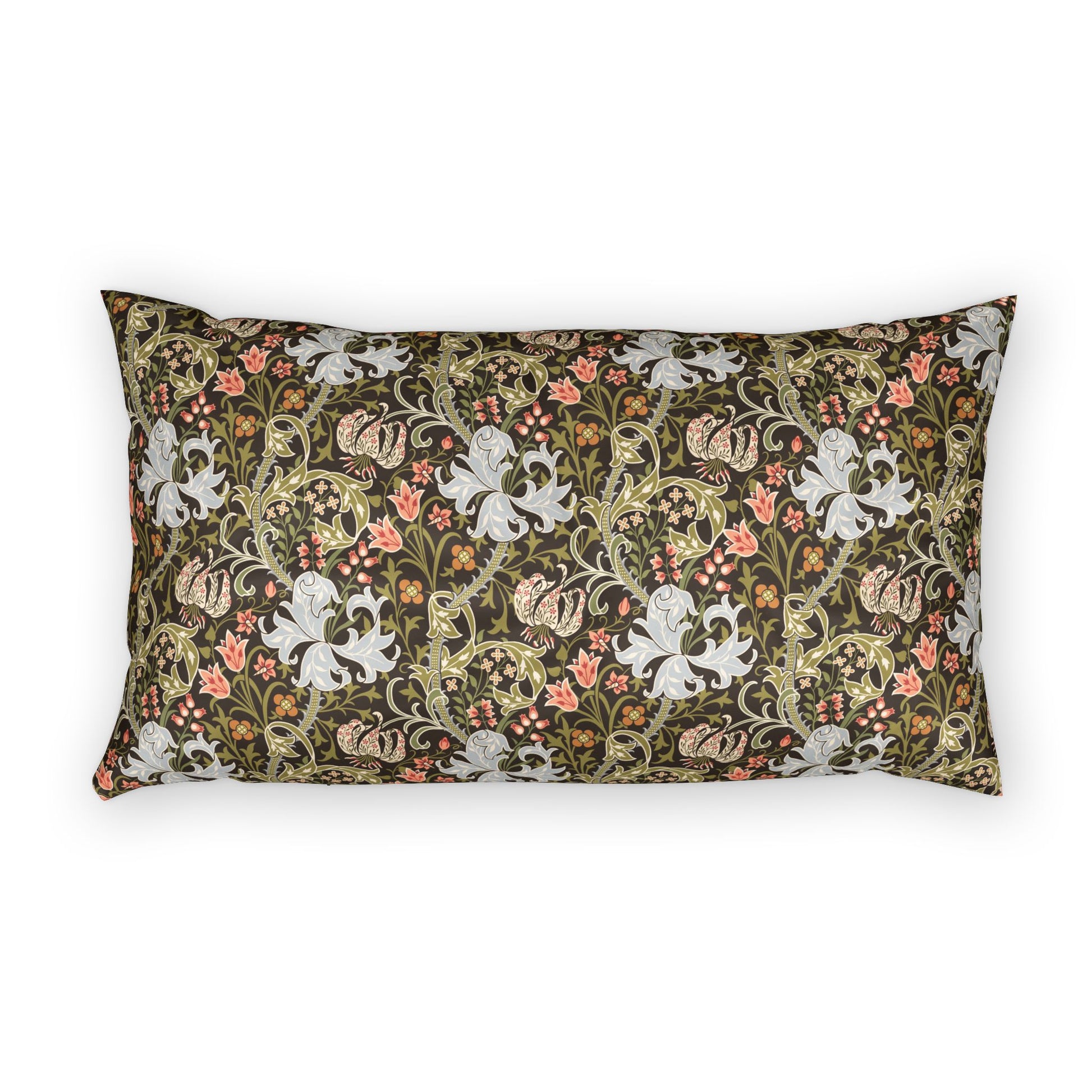 A rectangular decorative throw pillow featuring a dense, vintage-style floral and botanical pattern in olive green, cream, coral pink, and gold tones, set against a plain white background.