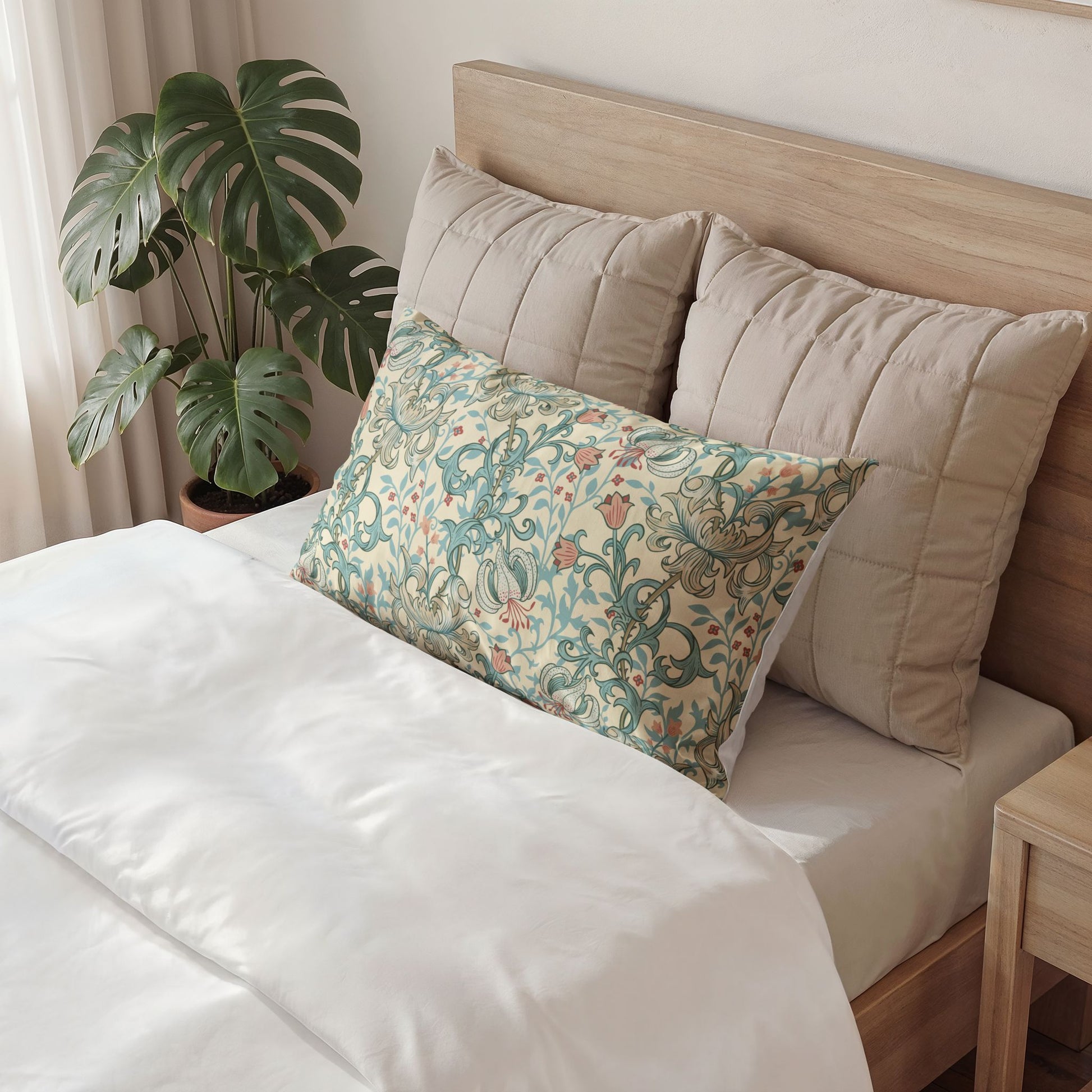 A styled bedroom scene showing a bed with white bedding, two beige quilted pillows, and a decorative rectangular lumbar pillow with a floral and scroll pattern in sage green, beige, and muted orange. A potted monstera plant sits beside the bed.