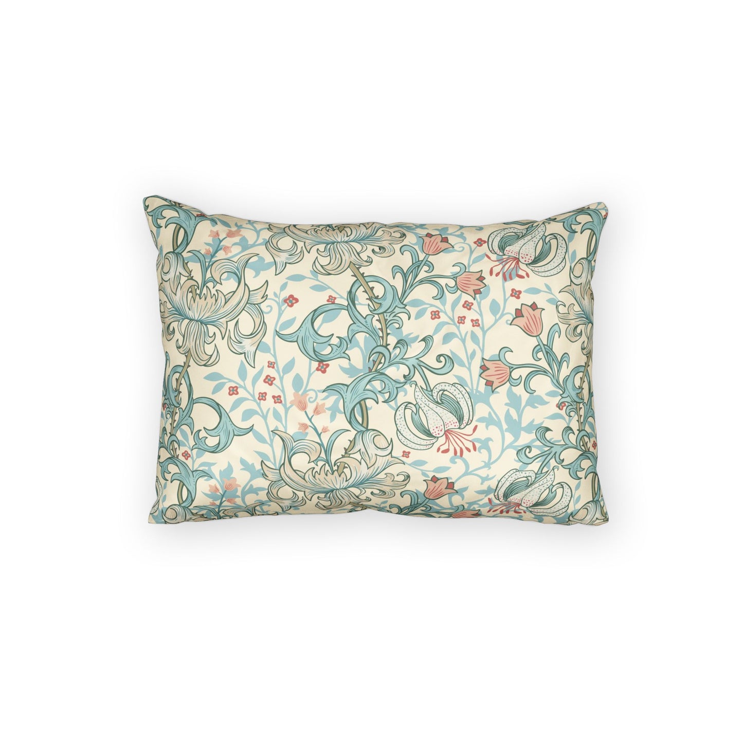 A rectangular decorative throw pillow featuring a vintage-style botanical and scroll pattern in teal, dusty pink, and gray on a cream background, shown against a plain white studio backdrop.