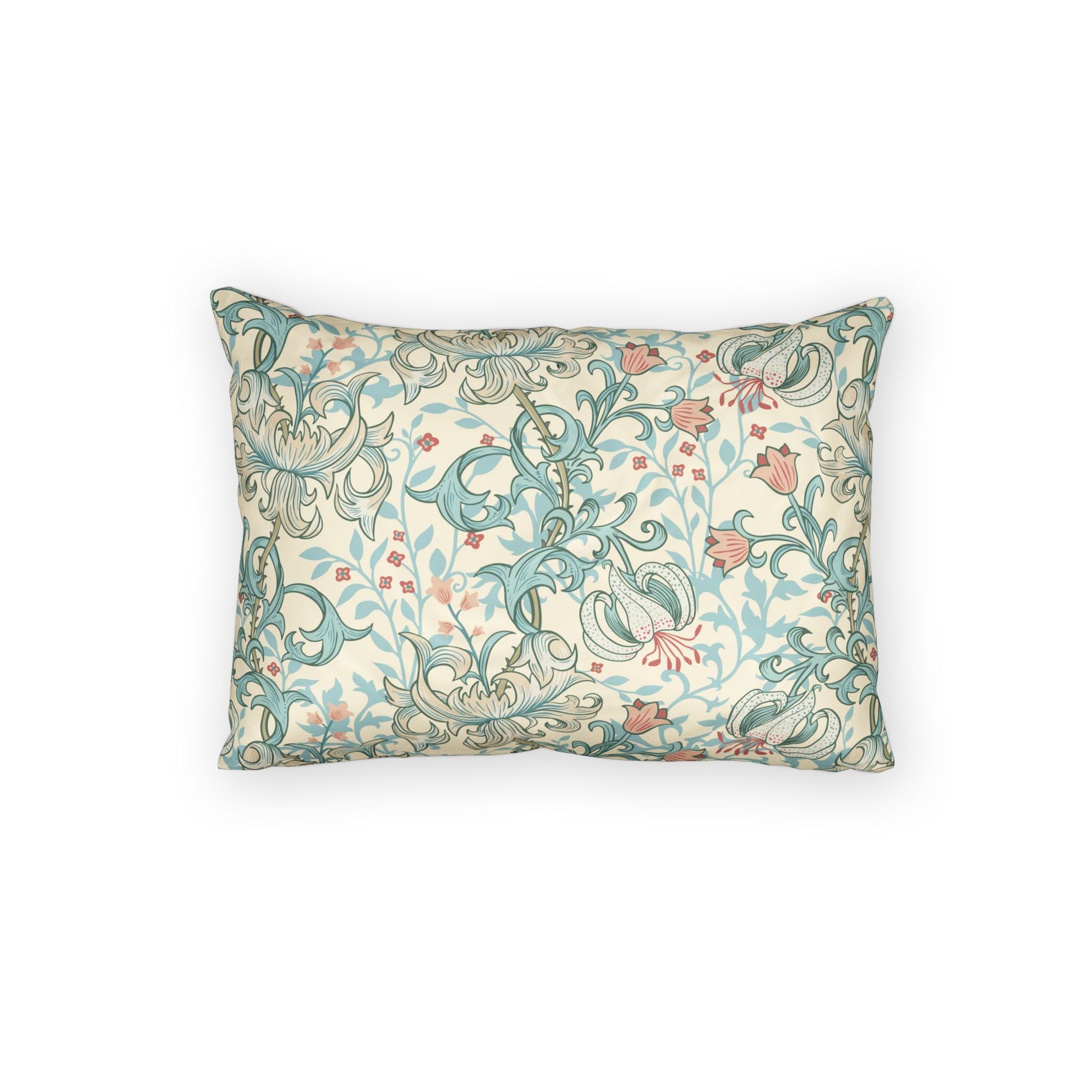 A rectangular decorative throw pillow featuring a vintage-style botanical and scroll pattern in teal, dusty pink, and gray on a cream background, shown against a plain white studio backdrop.