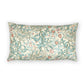A rectangular lumbar throw pillow featuring a vintage William Morris-style floral and scroll pattern in teal, dusty pink, and gray on an off-white background.