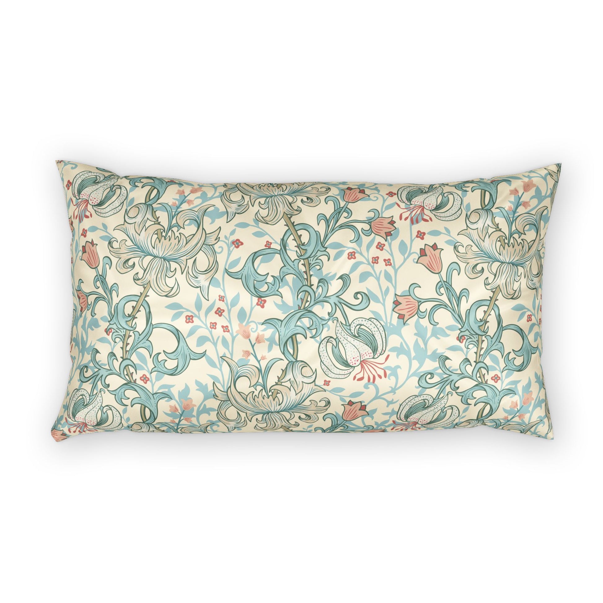 A rectangular lumbar throw pillow featuring a vintage William Morris-style floral and scroll pattern in teal, dusty pink, and gray on an off-white background.
