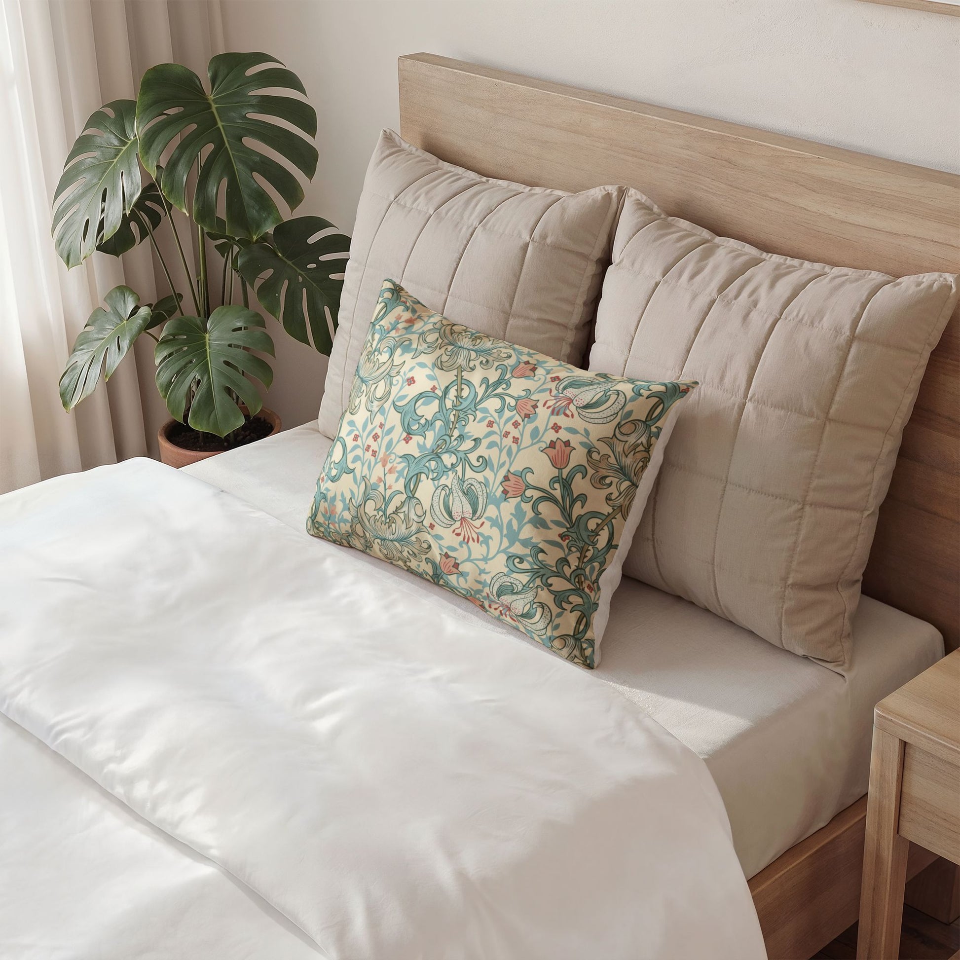 Decorative pillow with floral pattern on a bed in a bedroom setting