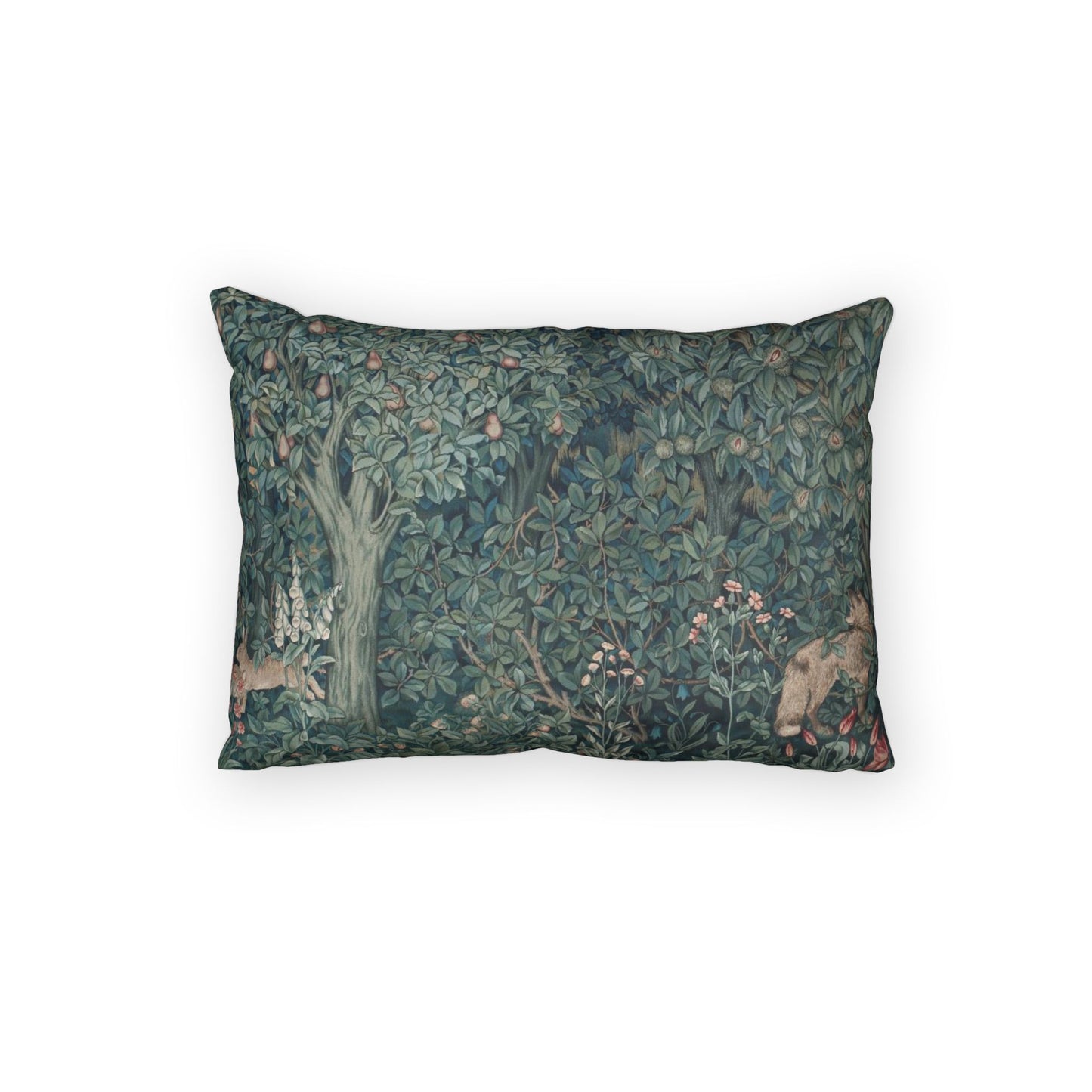 Decorative pillow with nature-themed pattern on a white background