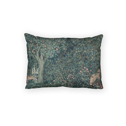 Decorative pillow with nature-themed pattern on a white background
