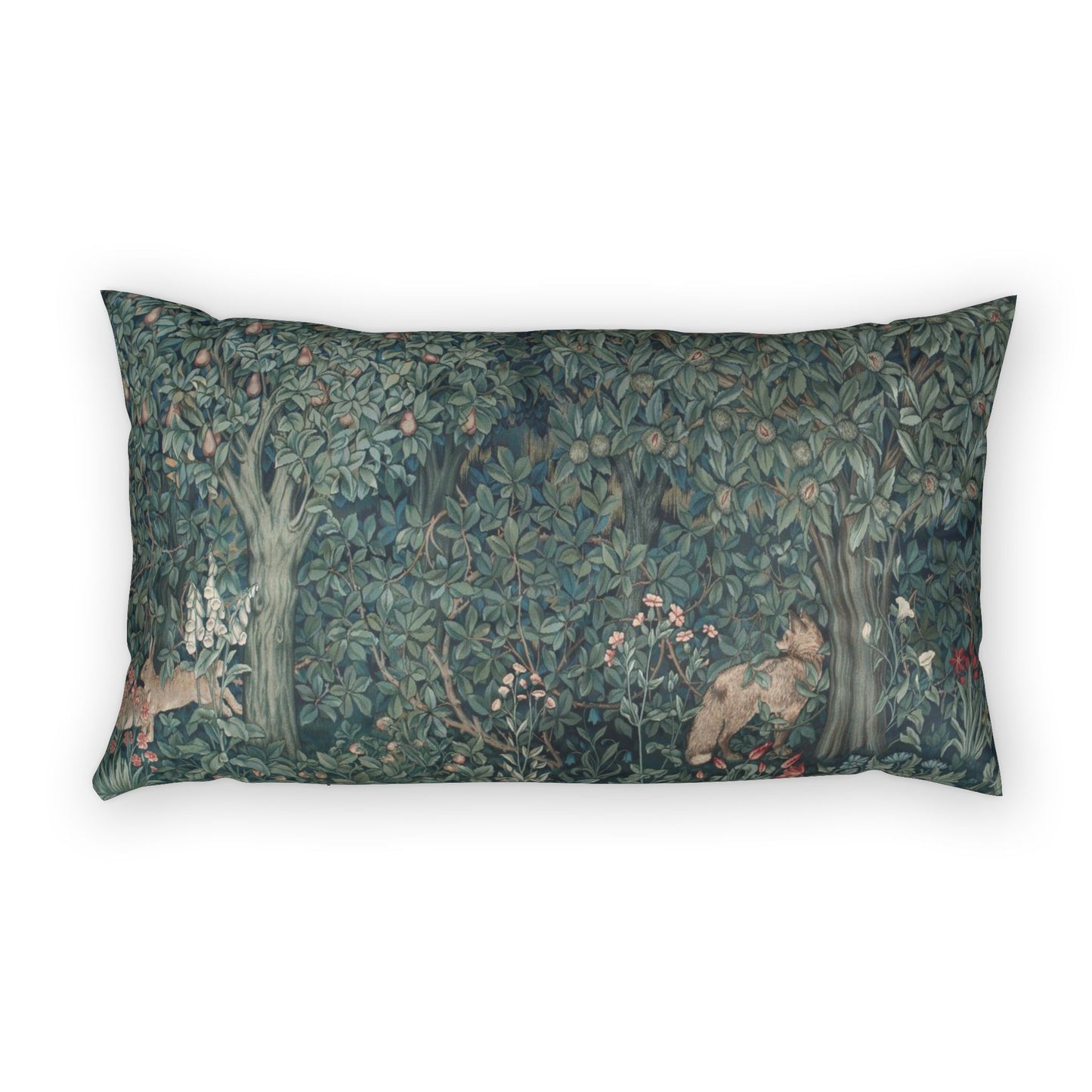 Decorative pillow with nature-themed design featuring animals and foliage on a white background
