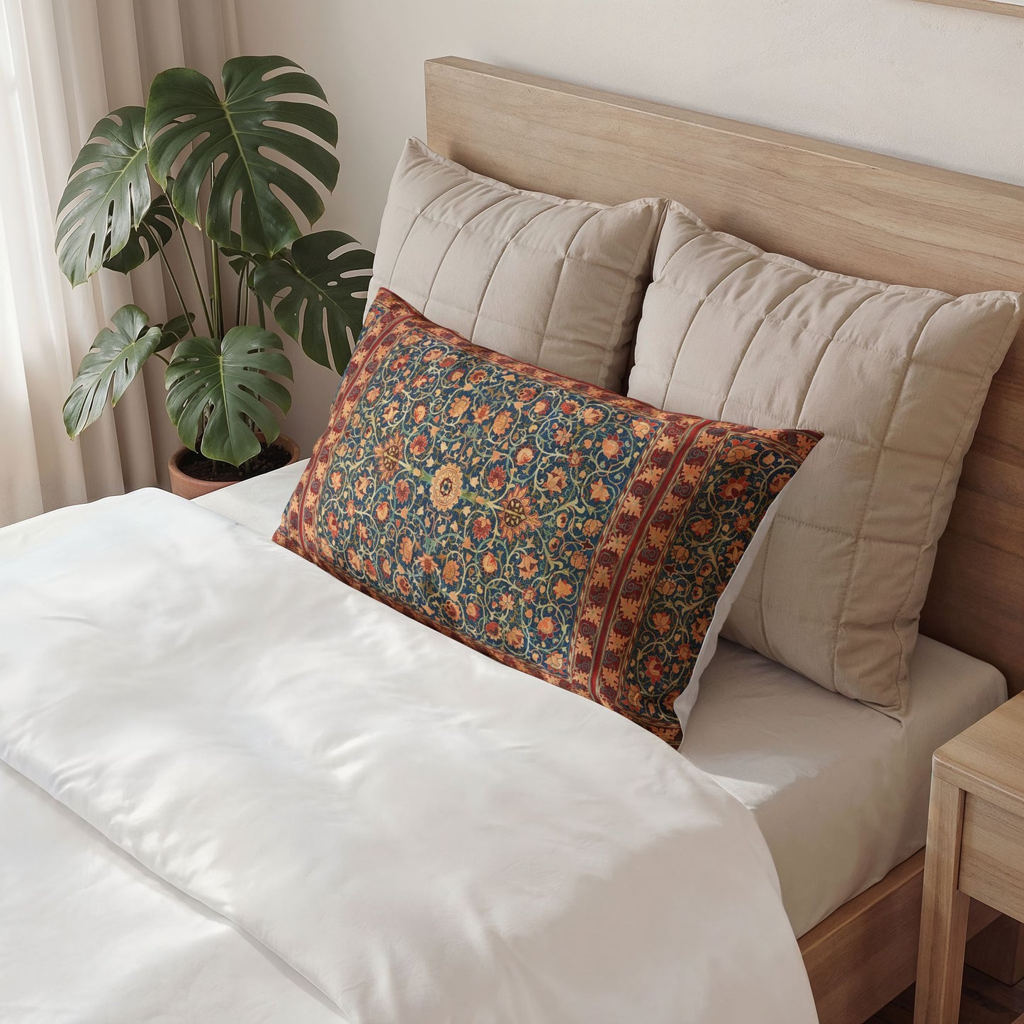 Decorative pillow on a bed with a plant in the background