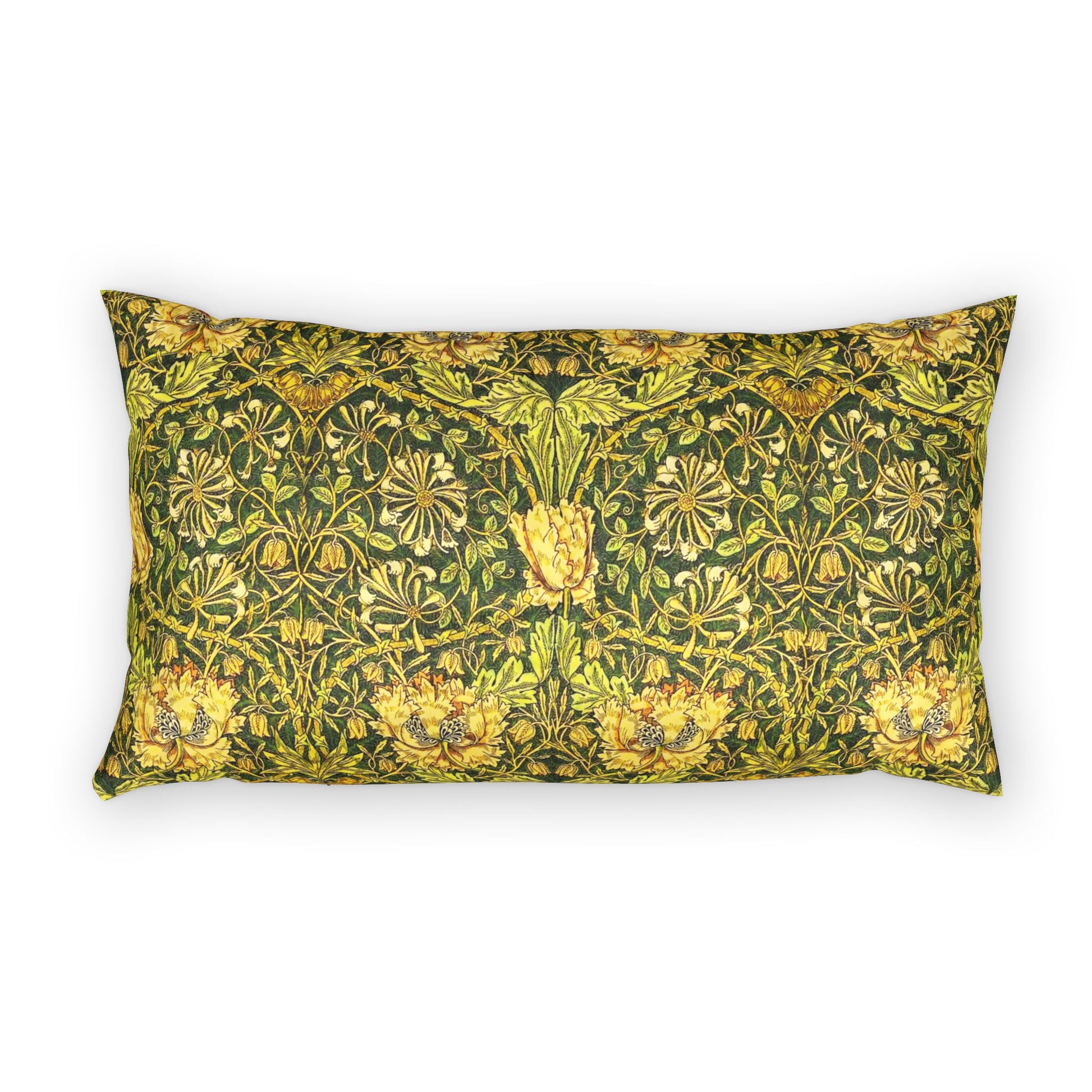 Decorative pillow with yellow floral pattern on a white background