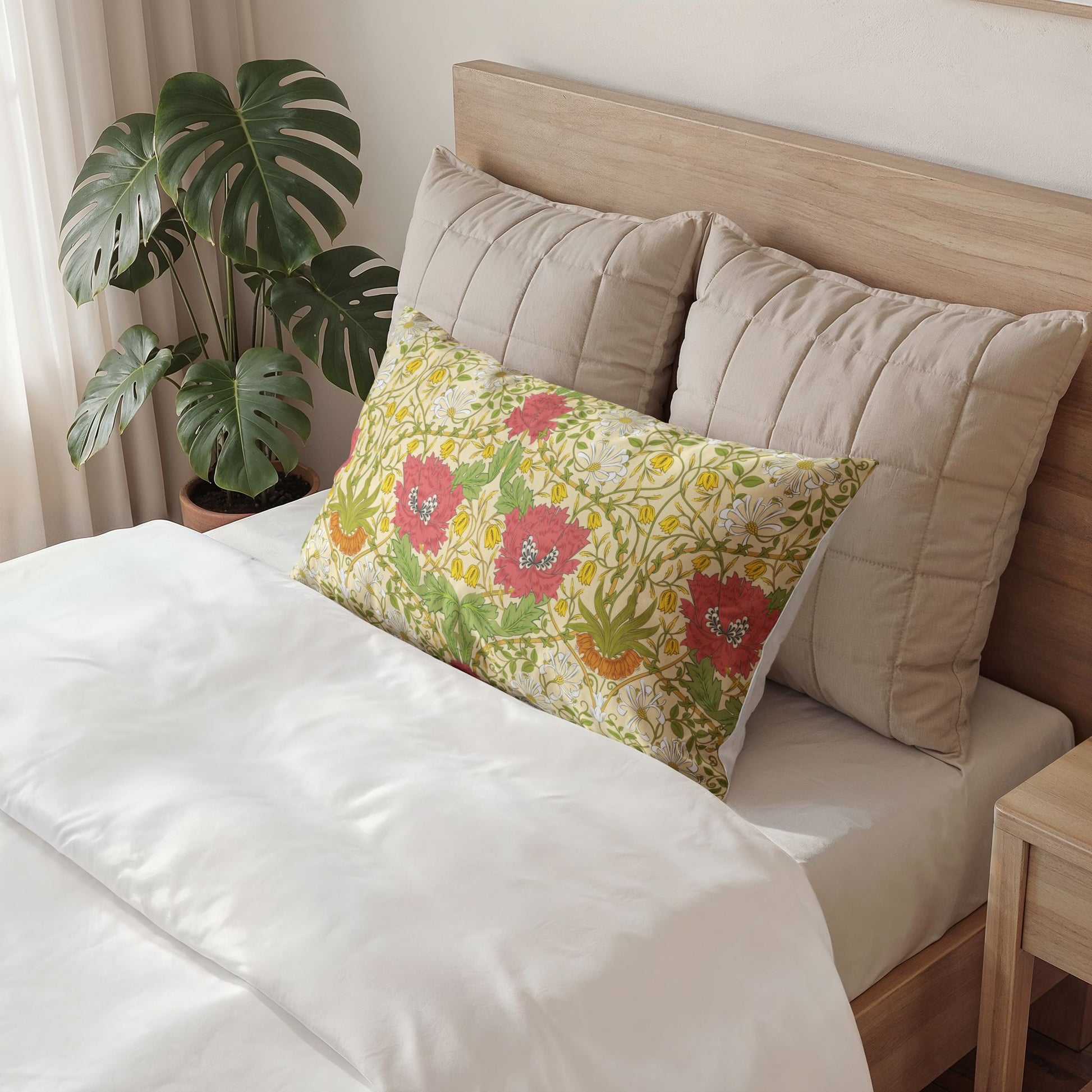 A decorative rectangular lumbar pillow with a colorful floral pattern in red, pink, yellow, and green, styled on a bed with beige pillows and white bedding next to a potted monstera plant.