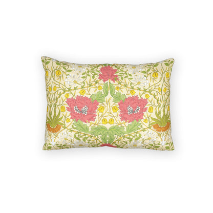 A rectangular decorative throw pillow featuring a vintage floral pattern with pink poppies, green leaves, and yellow accents on a cream background, isolated on a white studio background.