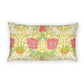 A rectangular lumbar throw pillow featuring a vintage William Morris-style floral pattern with pink poppies, white daisies, and green vines on a pale yellow background.