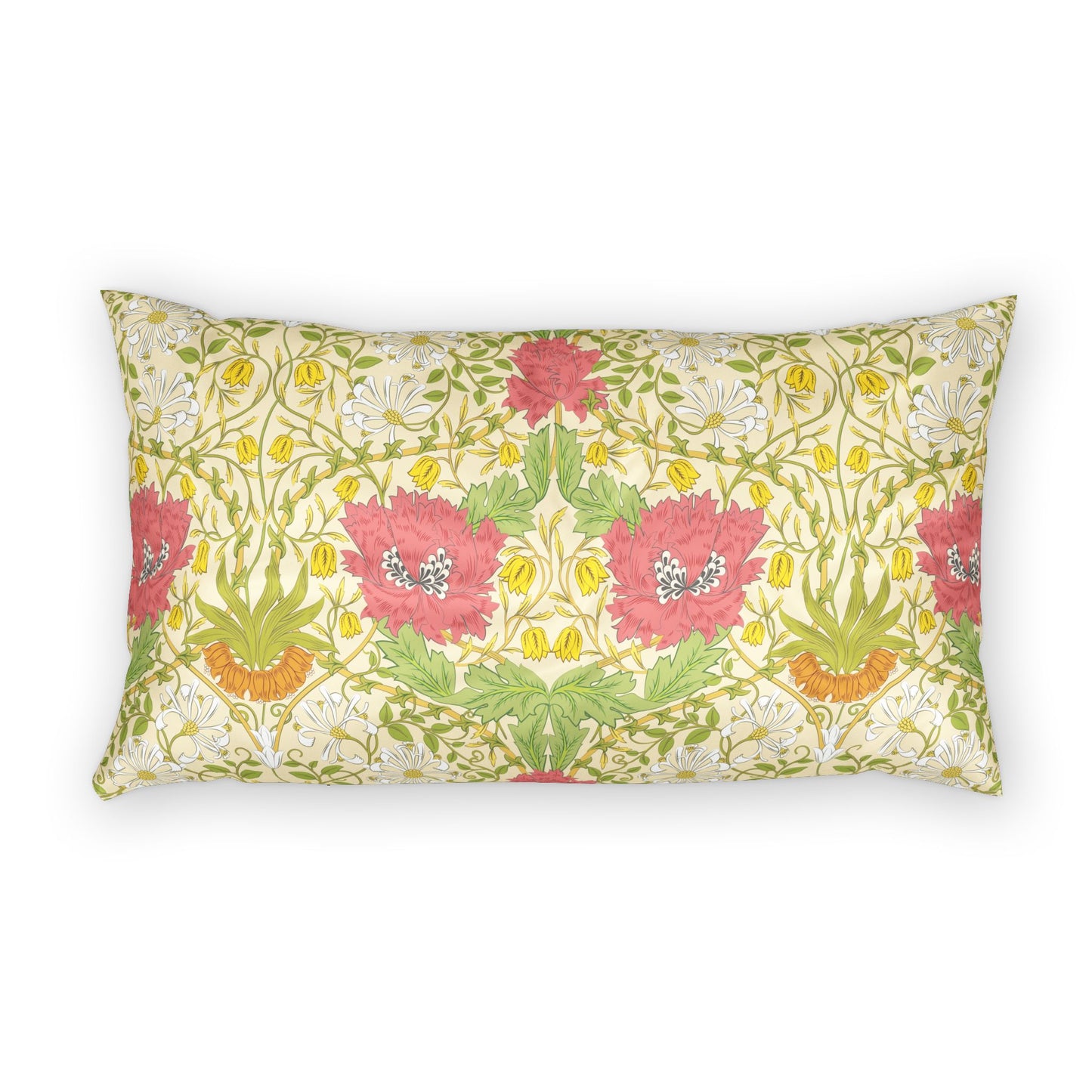 A rectangular lumbar throw pillow featuring a vintage William Morris-style floral pattern with pink poppies, white daisies, and green vines on a pale yellow background.