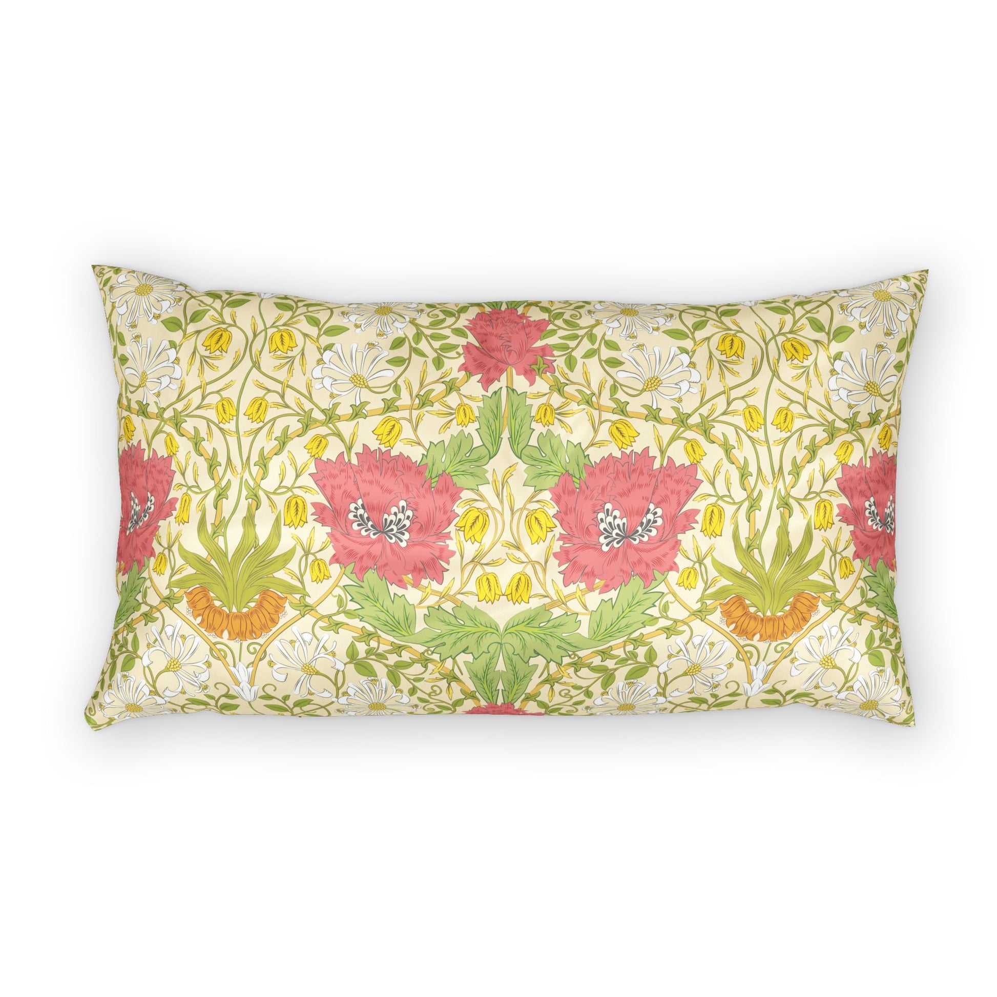 A rectangular lumbar throw pillow featuring a vintage William Morris-style floral pattern with pink poppies, white daisies, and green vines on a pale yellow background.