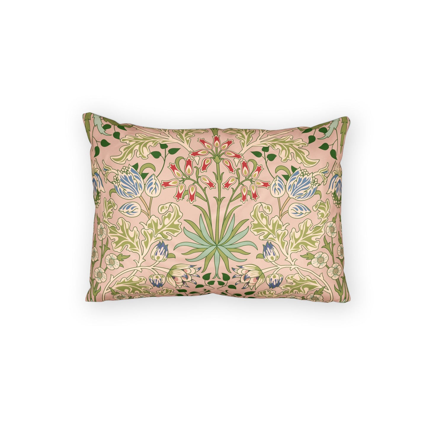 A rectangular decorative throw pillow featuring a vintage botanical pattern with green leaves, blue flowers, and red accents on a dusty pink background, shown against a plain white studio backdrop.