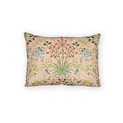A rectangular decorative throw pillow featuring a vintage botanical pattern with green leaves, blue flowers, and red accents on a dusty pink background, shown against a plain white studio backdrop.