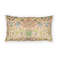 A rectangular throw pillow featuring a vintage botanical pattern in soft pink, sage green, blue, and red on a white background.