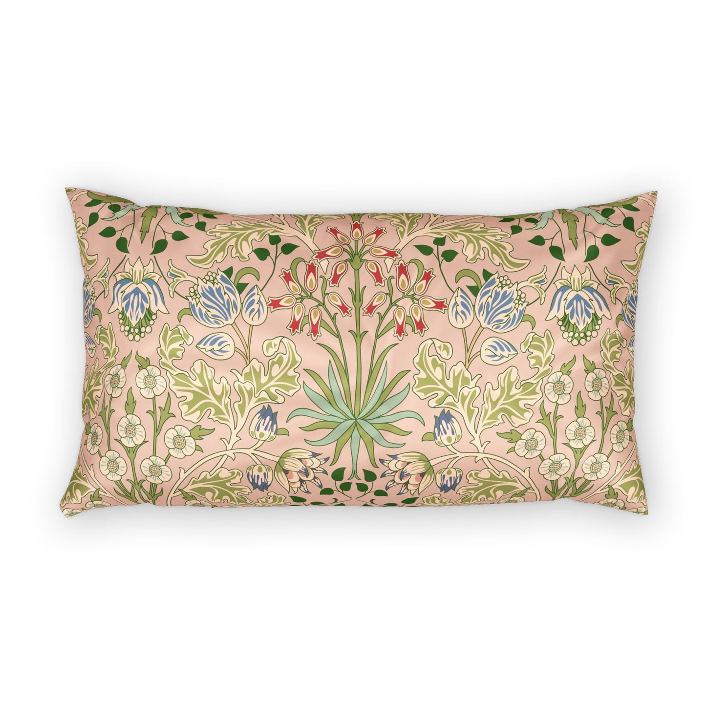A rectangular throw pillow featuring a vintage botanical pattern in soft pink, sage green, blue, and red on a white background.