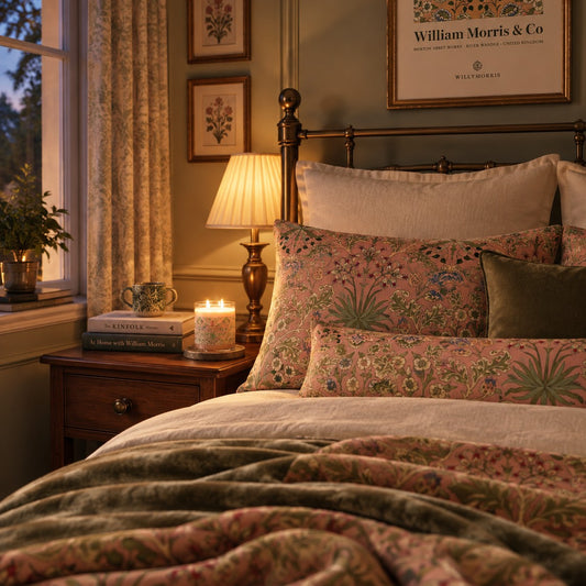 A cozy bedroom scene with a bed dressed in floral patterned pillows and a textured throw blanket, styled with a lit table lamp, candle, books, and framed botanical wall art. A framed William Morris & Co print hangs above the headboard.