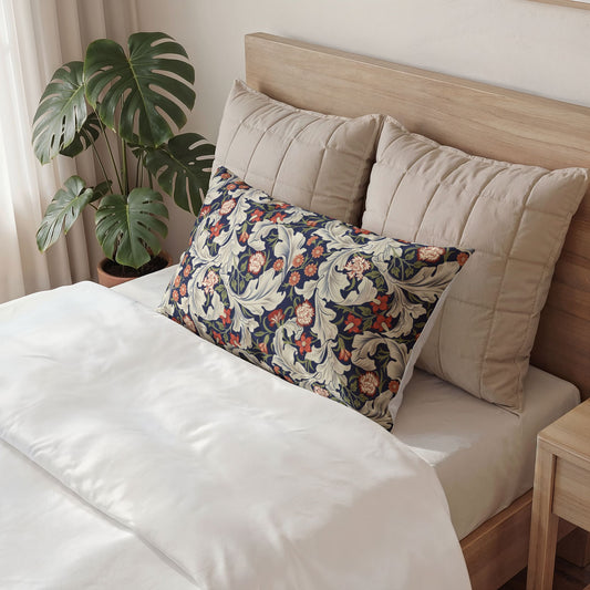 Bed with decorative pillows and a plant in the background