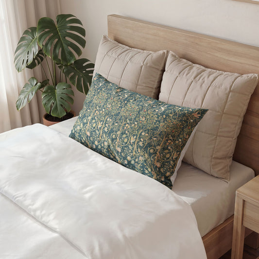 Decorative pillow on a bed with a wooden headboard and plant in the background