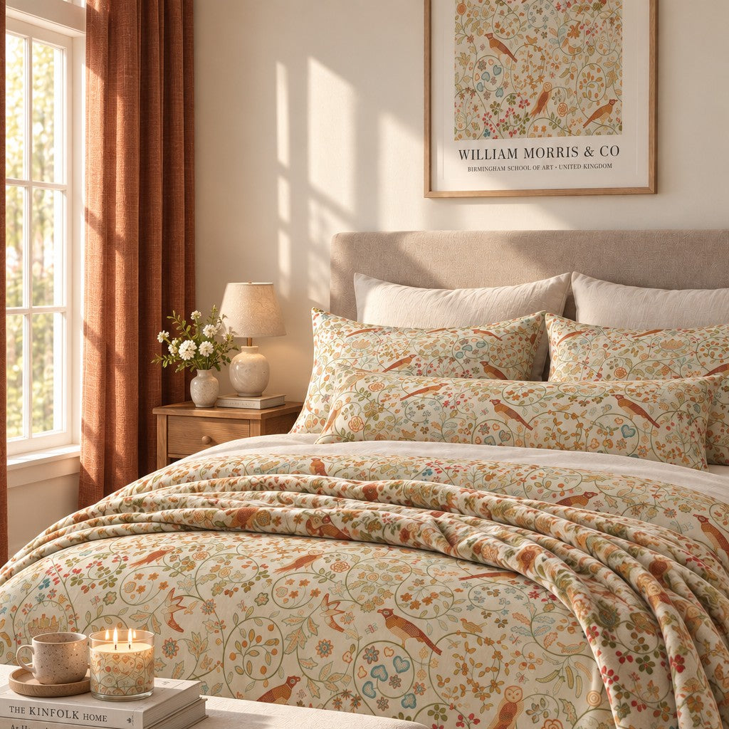 A beautifully styled bedroom featuring a bed dressed in a detailed botanical and bird patterned bedding set. The bedding has a cream background with intricate orange, green, and blue floral motifs and small birds.