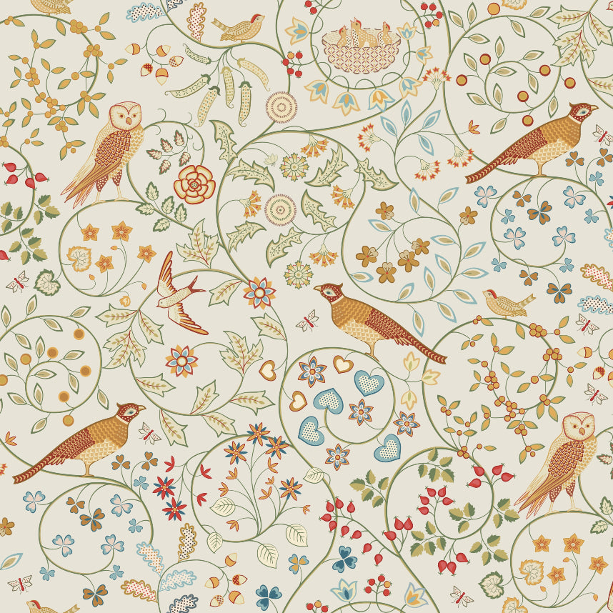 A repeating vintage-style botanical pattern on a warm cream background, featuring illustrated birds, flowers, leaves, vines, and small decorative motifs in muted green, blue, rust orange, and tan.
