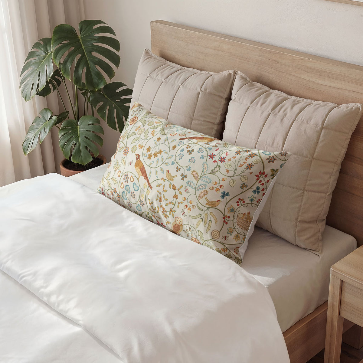 A styled bed with white bedding, a light wood headboard, two beige quilted pillows, and a decorative floral accent pillow featuring birds and botanical patterns. A potted monstera plant sits beside the bed in a bright, neutral room.