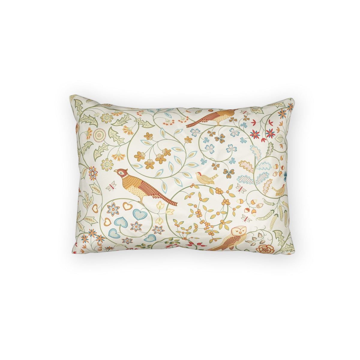 A rectangular decorative throw pillow featuring a vintage-style botanical and bird pattern on a cream background, shown against a plain white studio backdrop.