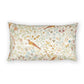A rectangular lumbar pillow featuring an intricate vintage-style botanical and avian pattern on a cream background, with swirling vines, small flowers, and birds in muted orange, blue, green, and brown tones.