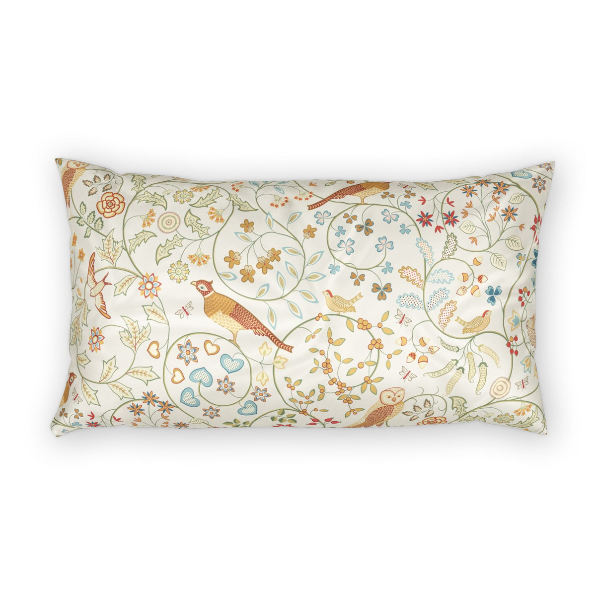 A rectangular lumbar pillow featuring an intricate vintage-style botanical and avian pattern on a cream background, with swirling vines, small flowers, and birds in muted orange, blue, green, and brown tones.