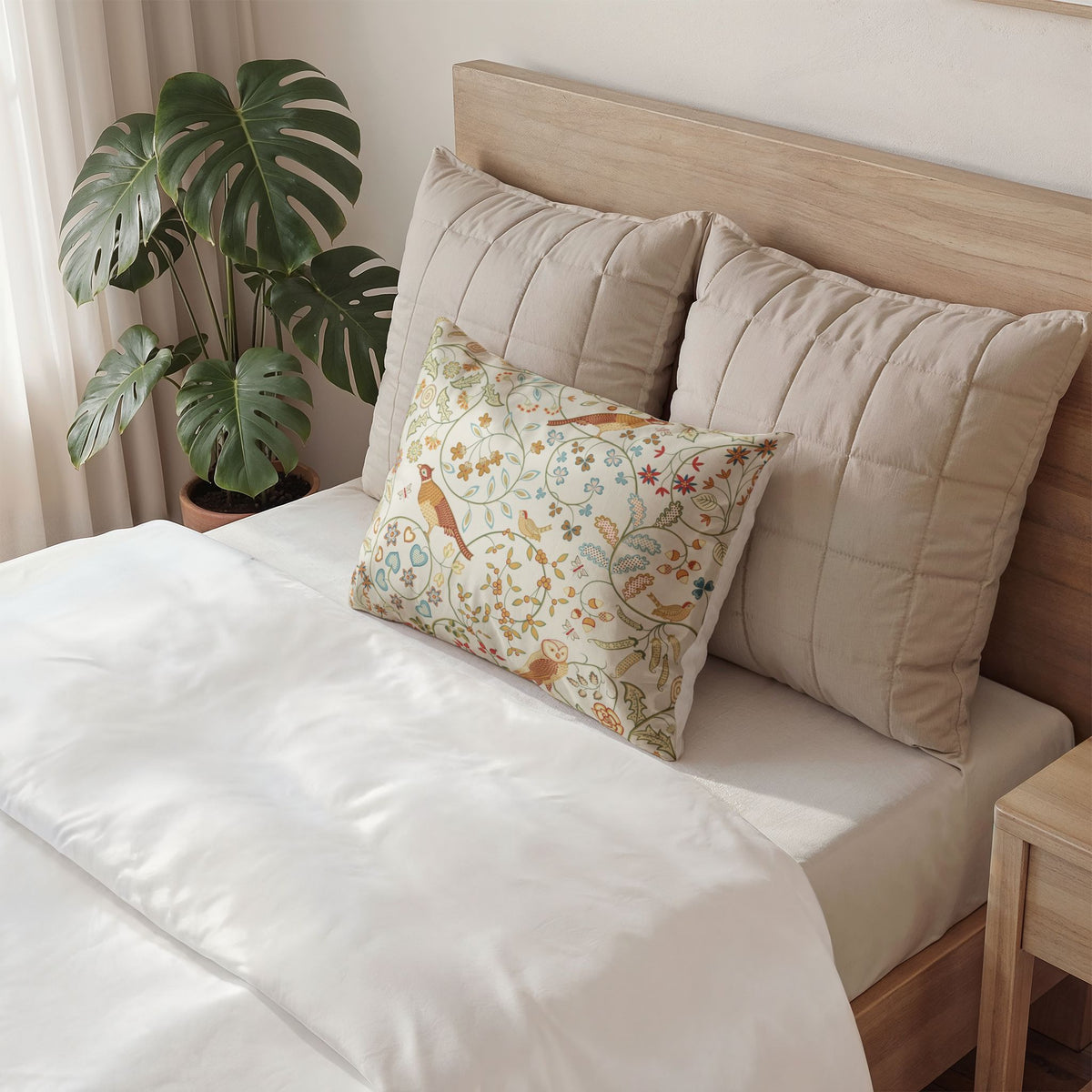A styled bed with white bedding, two large beige quilted pillows, and a smaller decorative throw pillow featuring a vintage-style bird and floral pattern. A wooden headboard and a potted monstera plant are visible in a bright bedroom setting.
