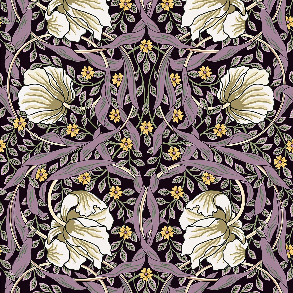 Floral pattern with white flowers and purple leaves on a black background