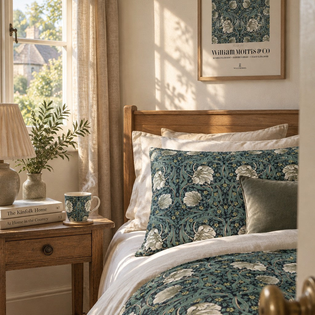 A styled bedroom scene featuring a William Morris patterned bedding set with a teal and white floral design, styled on a wooden bed frame with neutral pillows and a side table nearby.