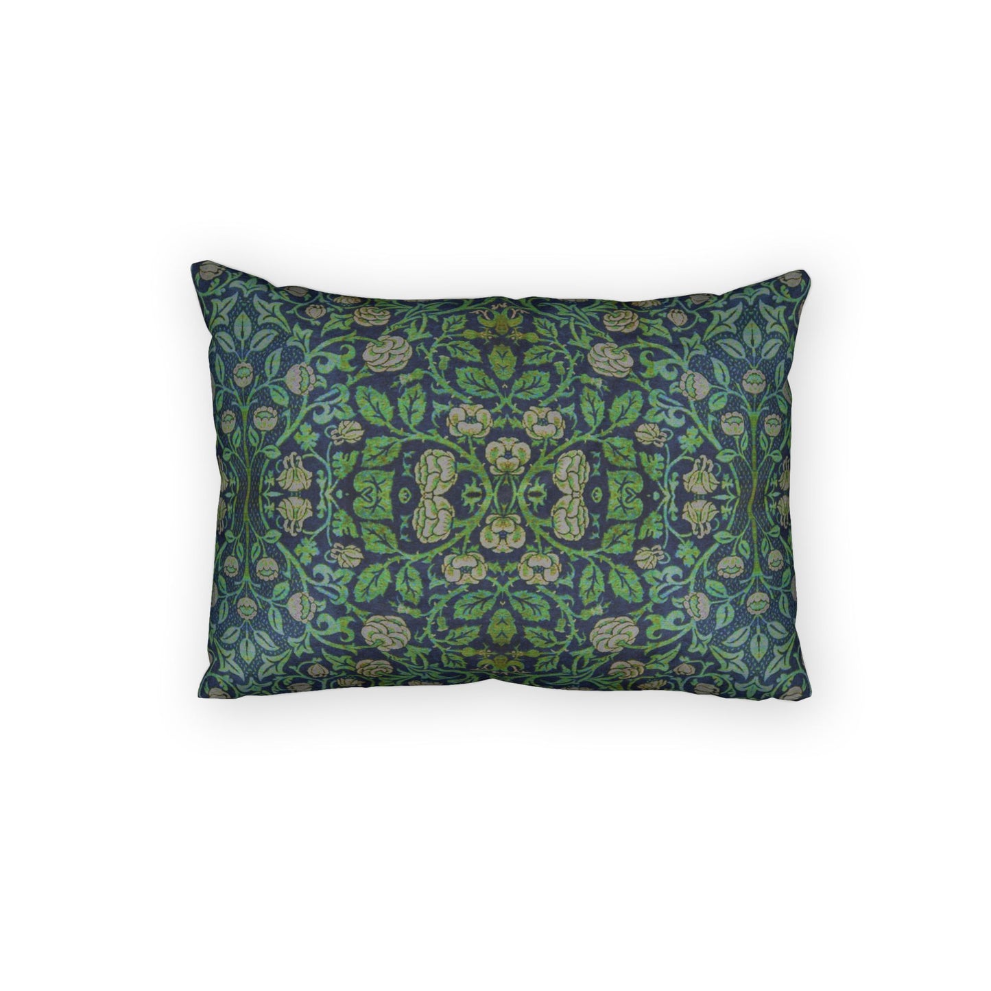 A rectangular decorative throw pillow featuring an intricate William Morris-style floral pattern in shades of green, blue, and beige, set against a plain white background.