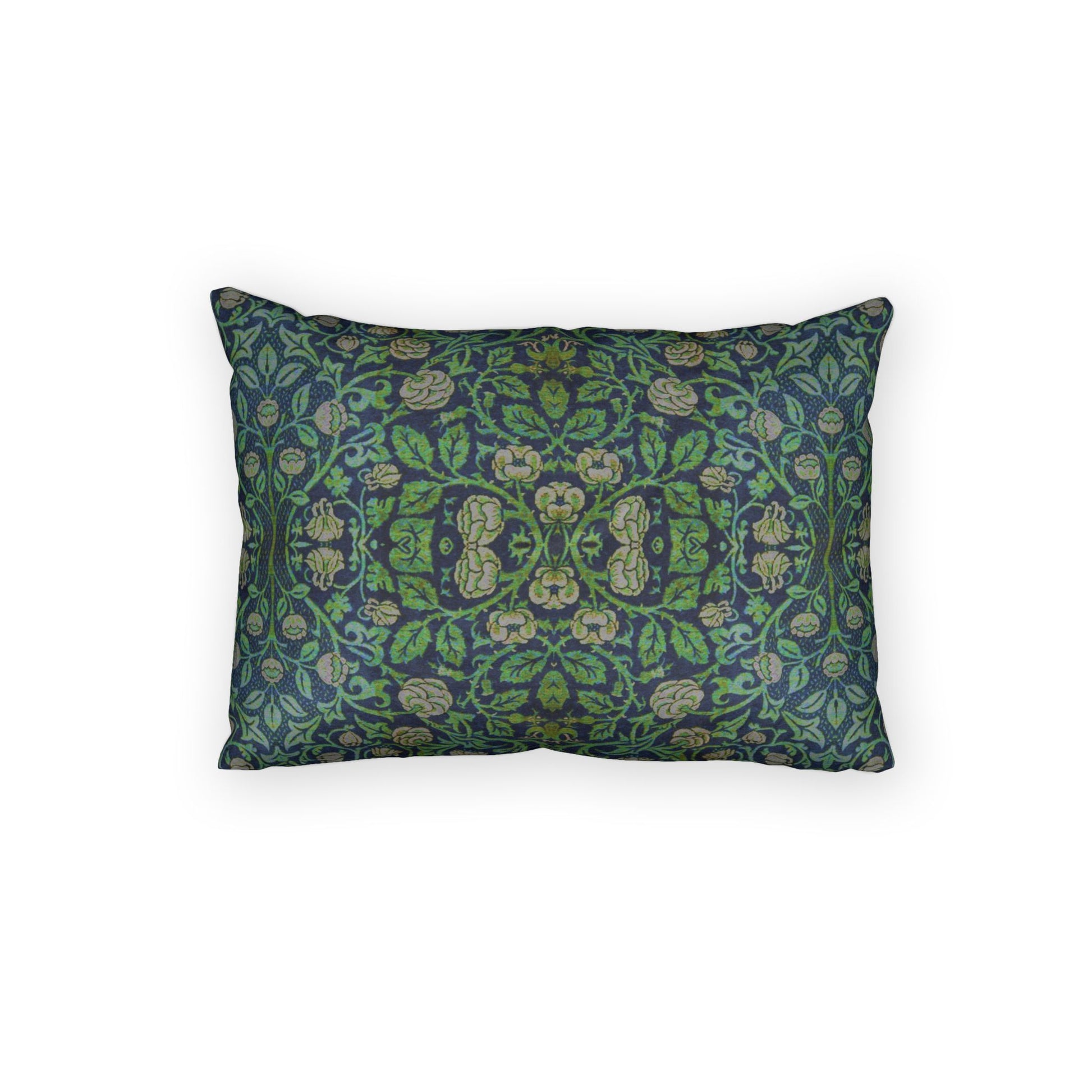 A rectangular decorative throw pillow featuring an intricate William Morris-style floral pattern in shades of green, blue, and beige, set against a plain white background.