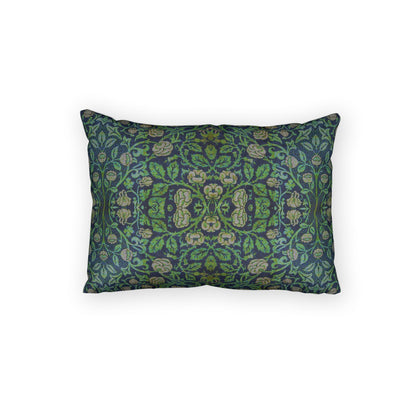 A rectangular decorative throw pillow featuring an intricate William Morris-style floral pattern in shades of green, blue, and beige, set against a plain white background.