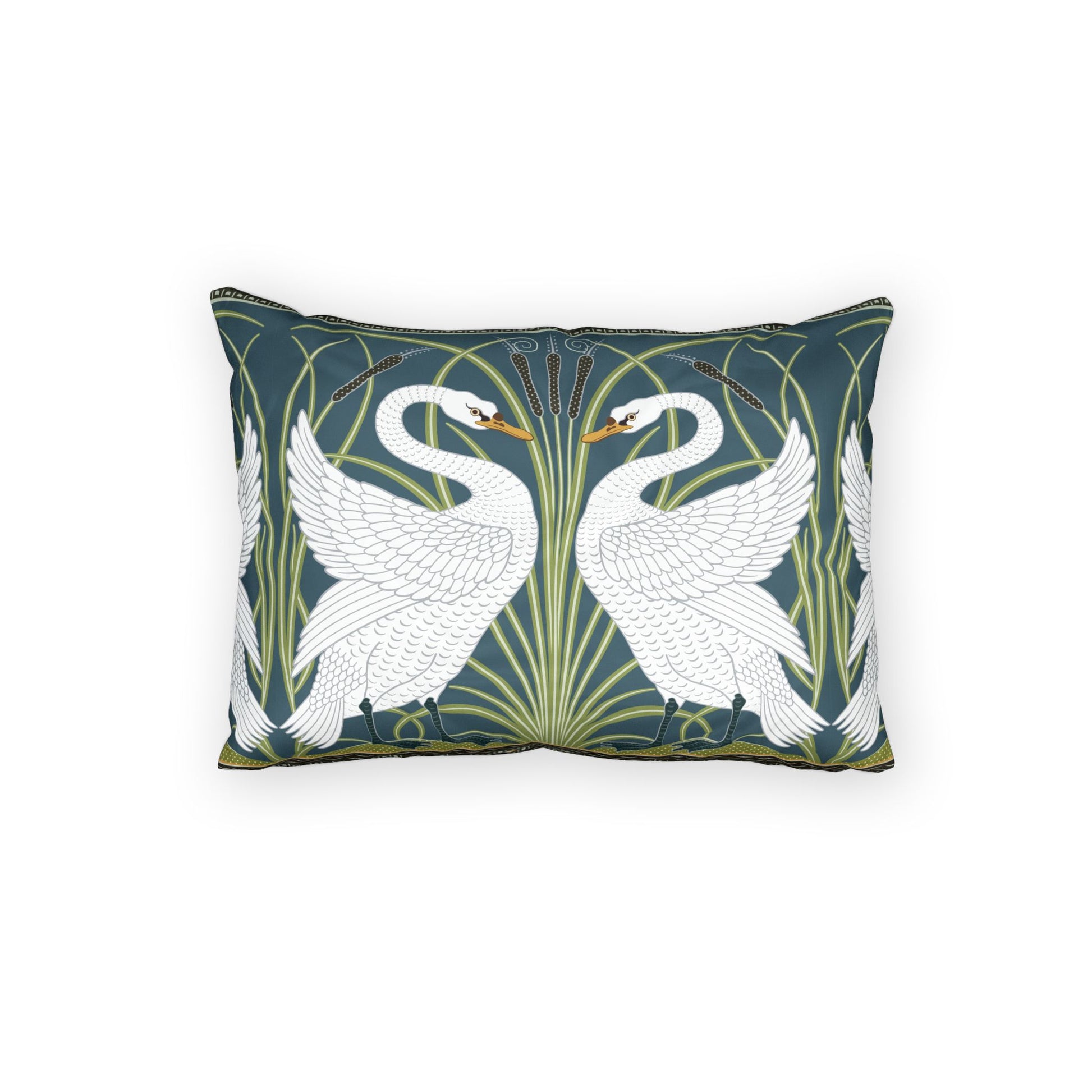 Decorative pillow with swan design on a white background