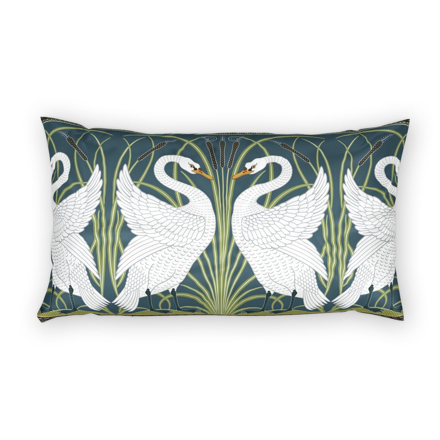 Decorative pillow with swan design on a teal background