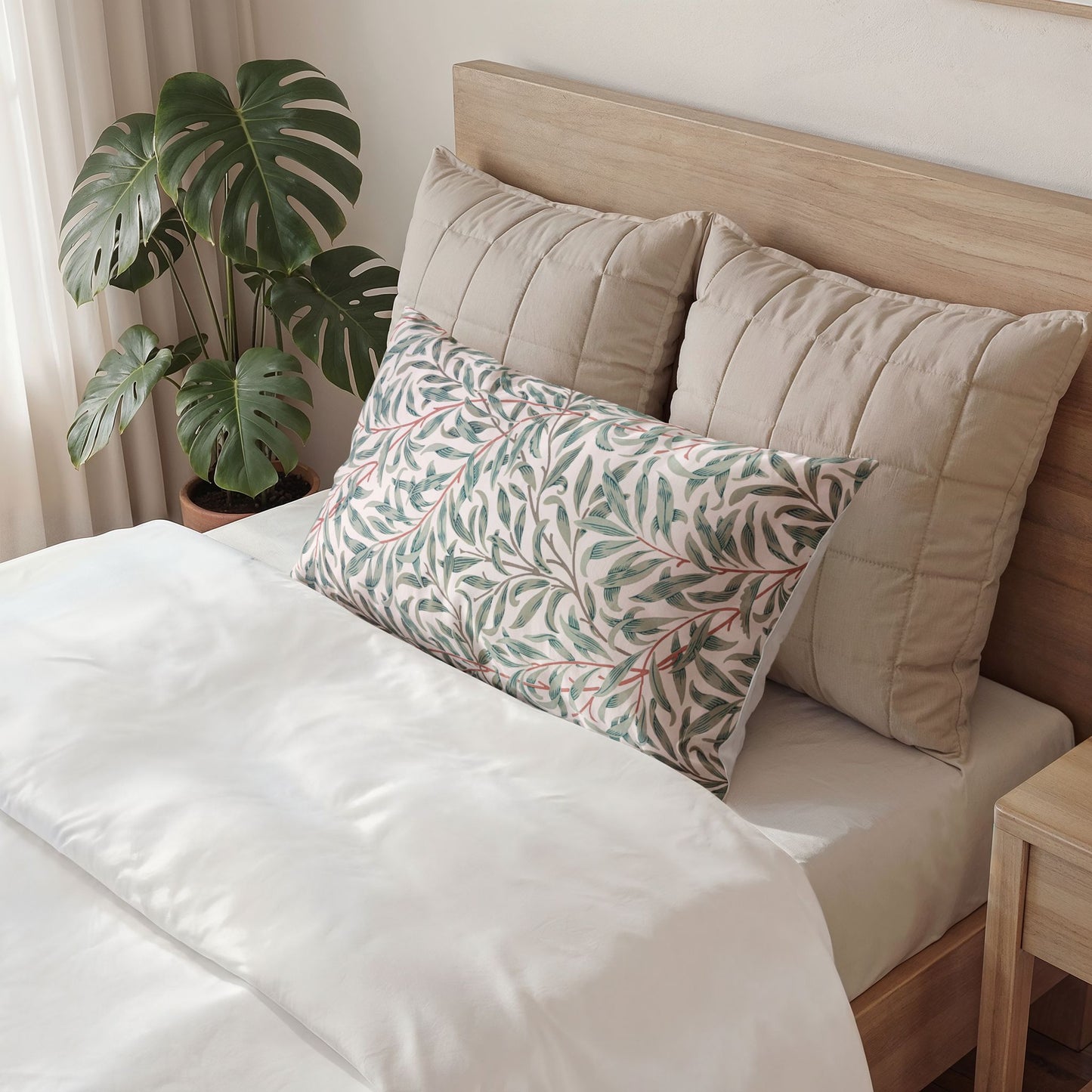 Neatly made bed with decorative pillows and a plant in the background