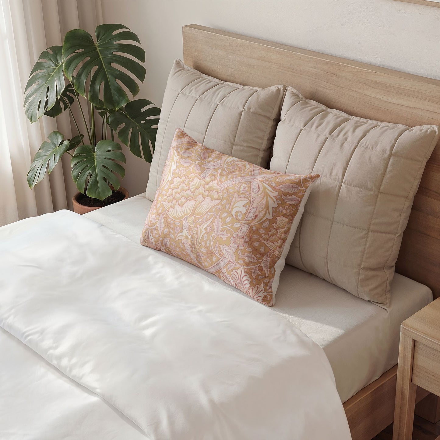 Bed with beige pillows and a decorative pillow, next to a plant in a room.