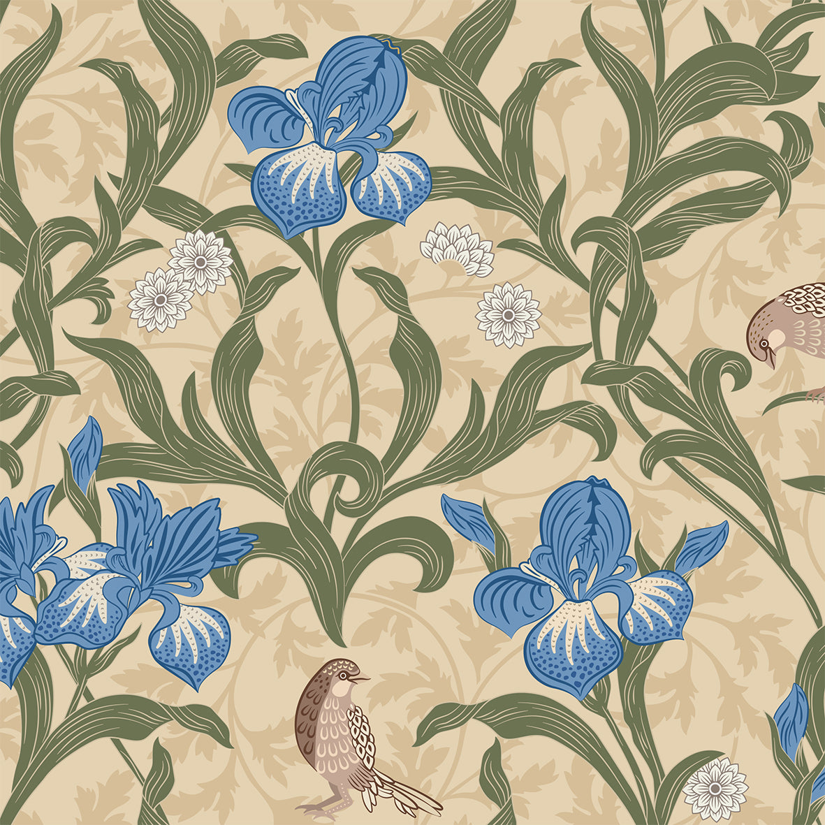 Patterned fabric with blue flowers, green leaves, and birds on a beige background