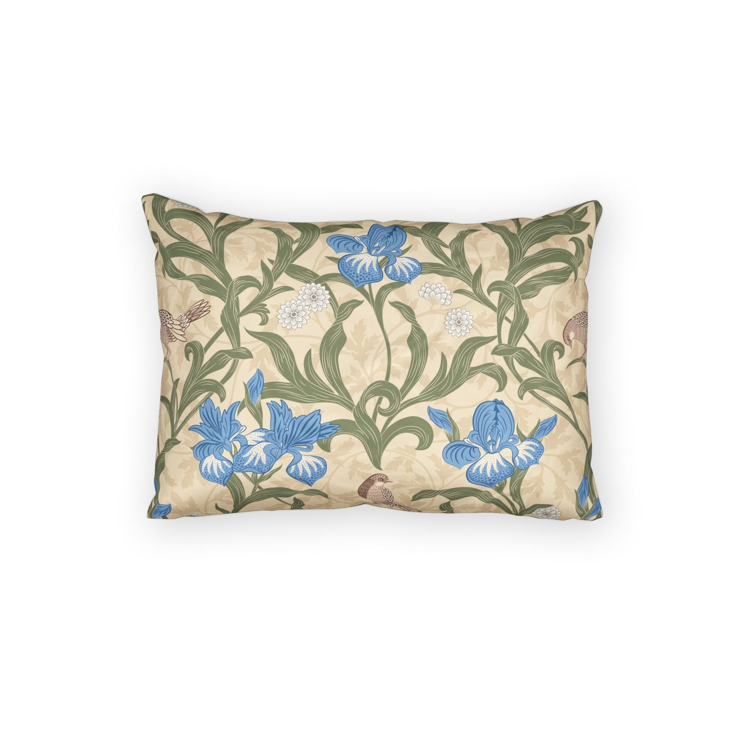 A rectangular decorative throw pillow featuring a vintage botanical pattern with blue irises, green leaves, and small birds on a beige background, shown against a plain white studio backdrop.