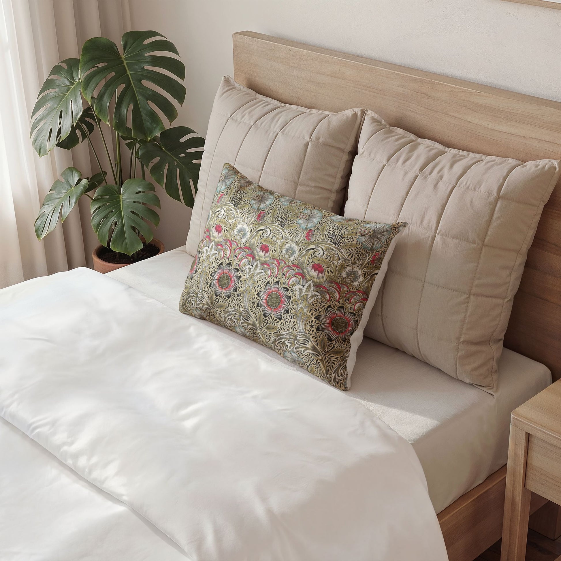 Decorative pillow on a bed with a floral pattern in a bedroom setting