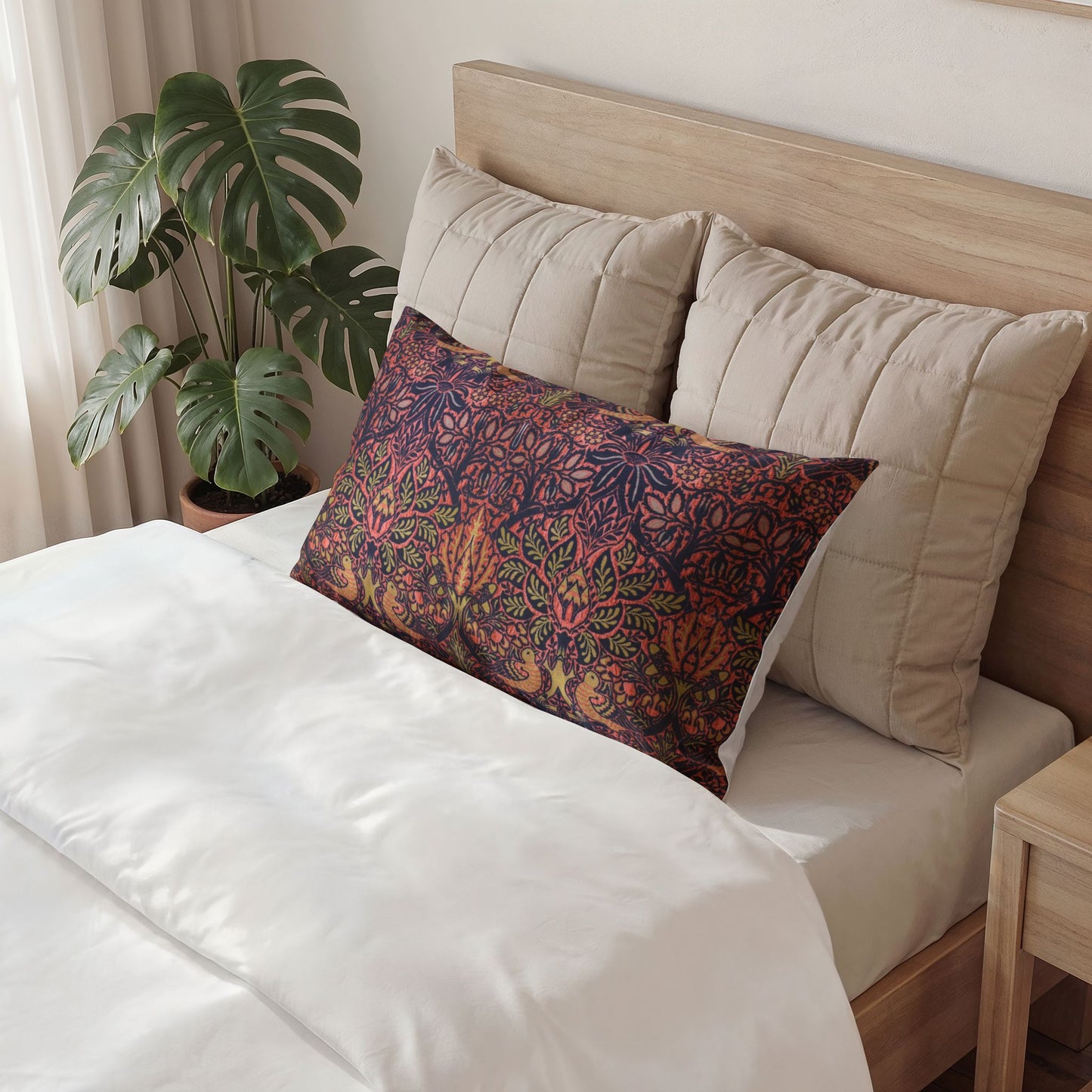A decorative rectangular lumbar pillow with a colorful, intricate floral and leaf pattern in red, orange, green, and purple, styled on a bed with beige pillows and white bedding in a bedroom setting.