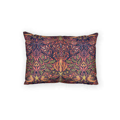 A rectangular decorative throw pillow featuring an intricate, symmetrical Victorian-style floral and bird pattern in dark purple, rust red, and olive green, shown against a plain white background.