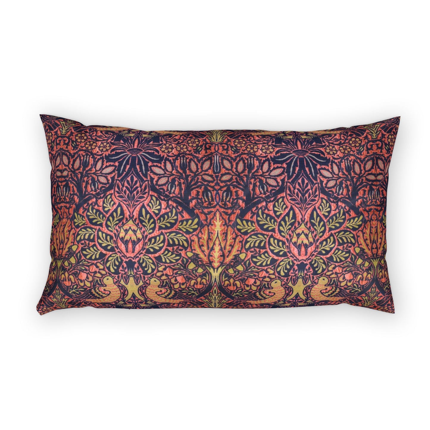 A rectangular lumbar pillow featuring an intricate, symmetrical botanical pattern in dark purple, coral pink, orange, and olive green, set against a plain white background.