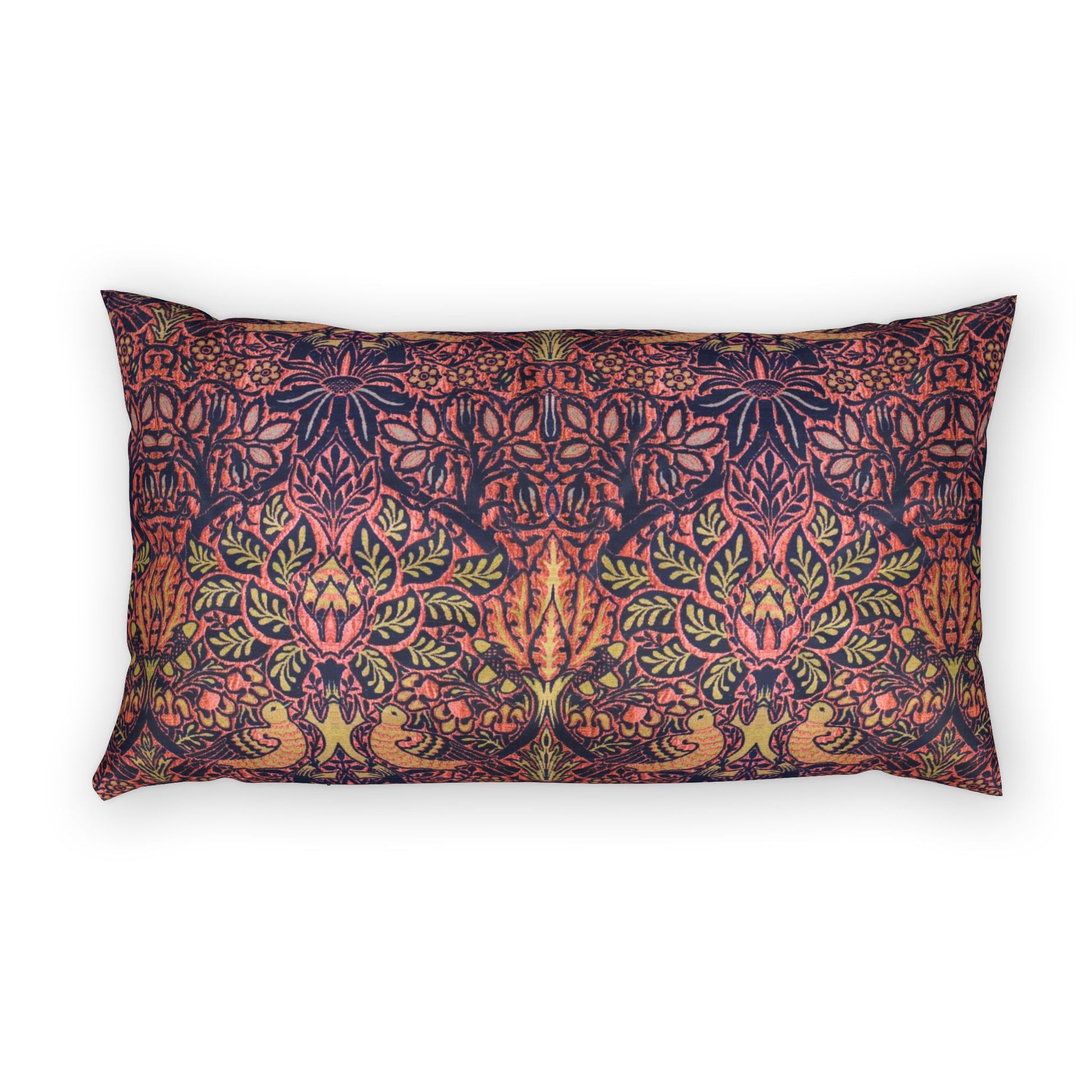 A rectangular lumbar pillow featuring an intricate, symmetrical botanical pattern in dark purple, coral pink, orange, and olive green, set against a plain white background.